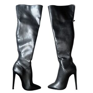 No Brand Edgy Chic Bold Black Leather Thigh High Stiletto Pointed Toe Boots